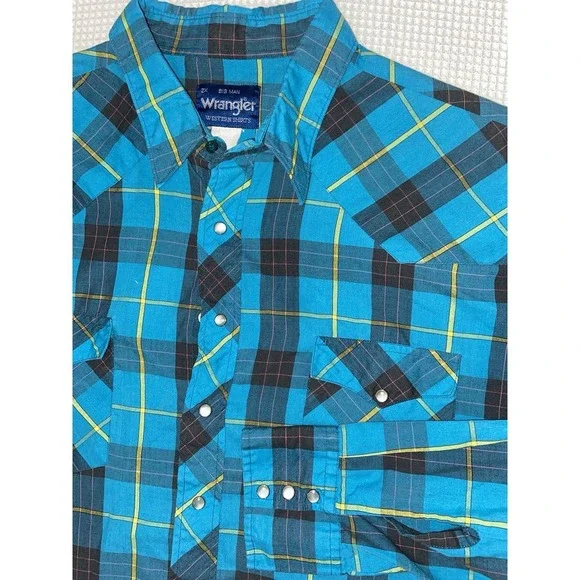 Wrangler Western Shirt Mens 2XL Big Man Blue Pearl Snap Plaid Button Down VTG - Picture 1 of 9